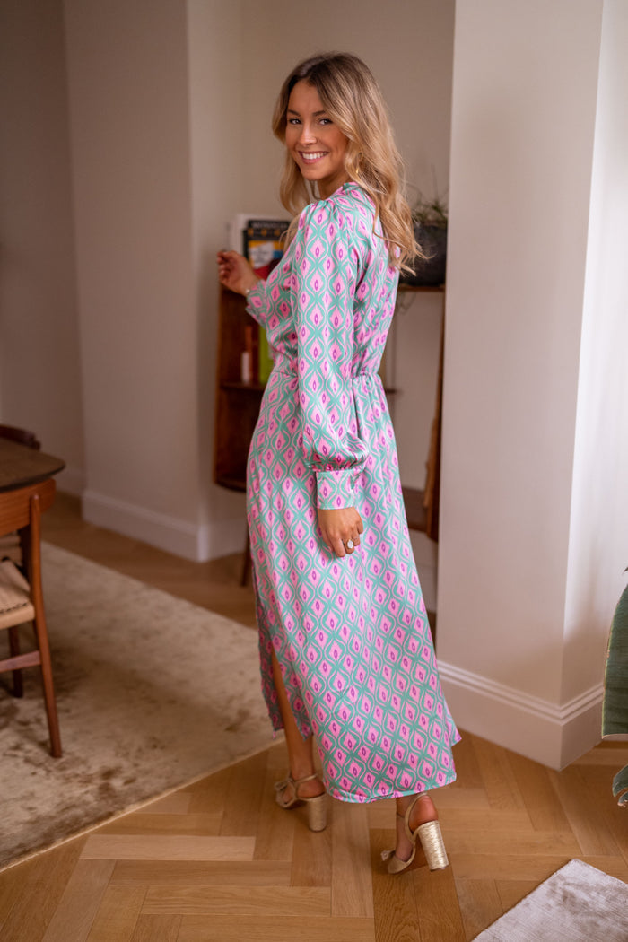 Patterned Siam satin dress geometric print detail
