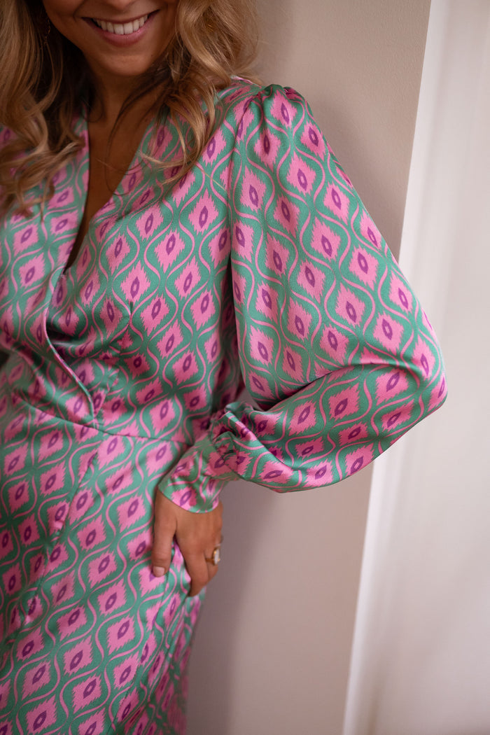 Model wearing Patterned Siam wrap maxi dress