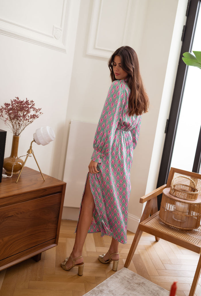Patterned Siam geometric satin dress styled outfit