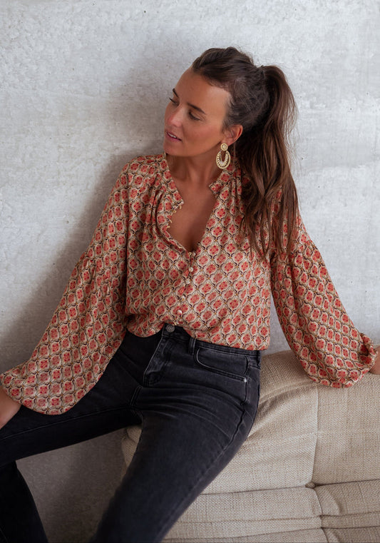 Patterned Tiffany blouse, front view