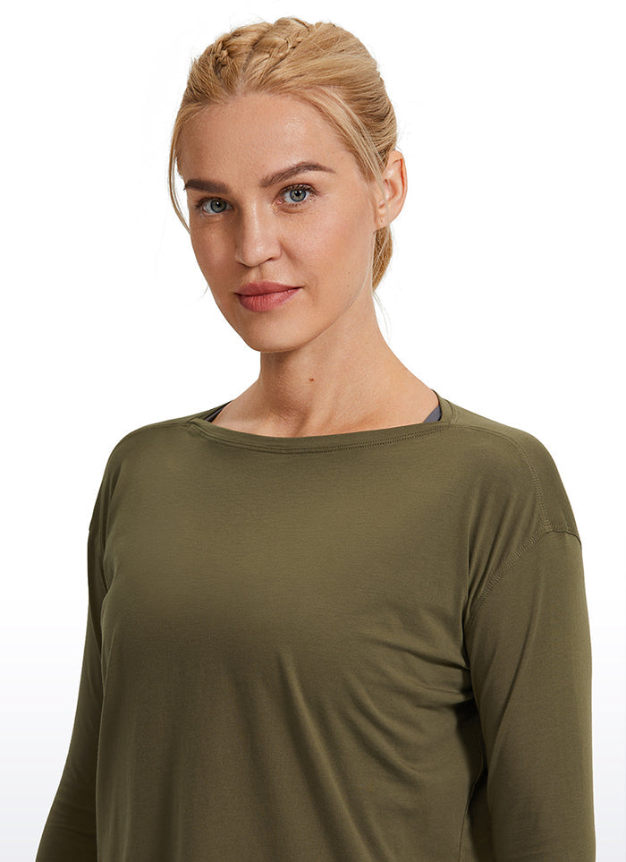 CRZ YOGA Women's Casual Loose Fit Pima Cotton Long Sleeves Boat Neck Coast stone Brown