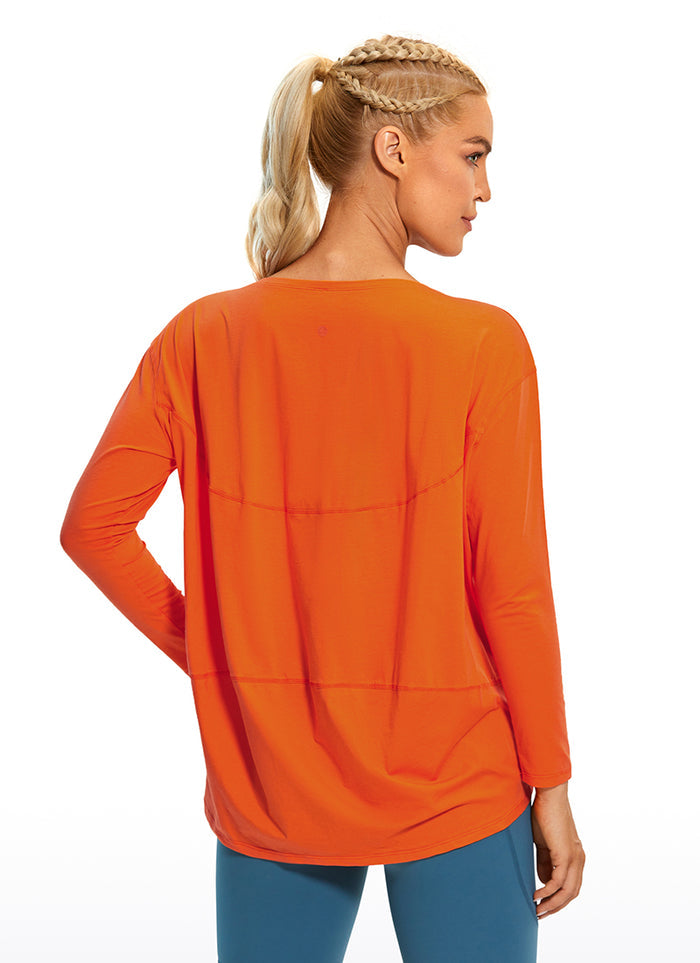 CRZ YOGA Women's Casual Loose Fit Pima Cotton Long Sleeves Boat Neck Coral