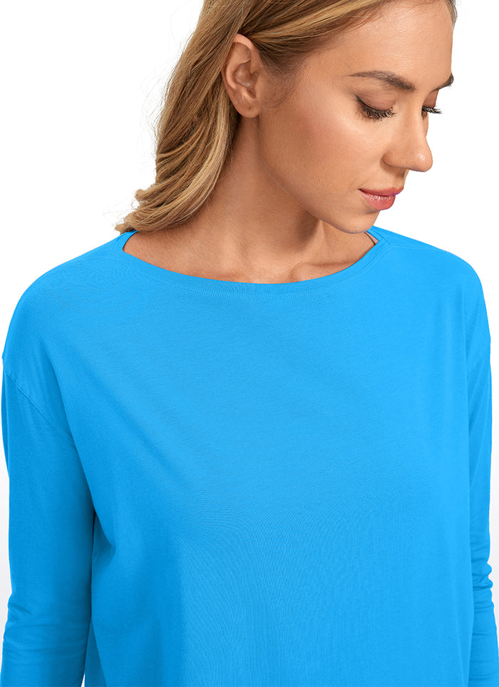 CRZ YOGA Women's Casual Loose Fit Pima Cotton Long Sleeves Boat Neck Madagascar Blue
