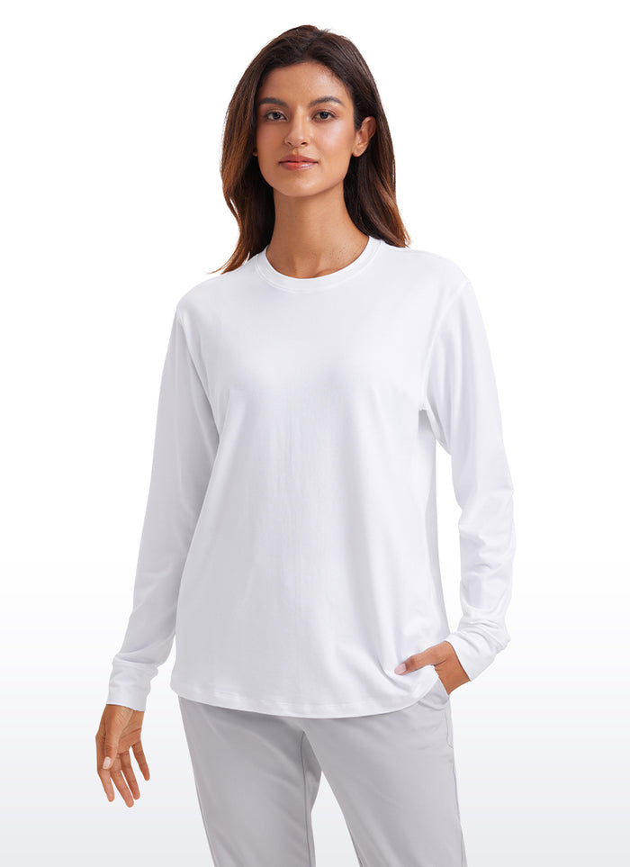 CRZ YOGA Women's Pima Cotton Long Sleeve Shirts Crew Neck Casual Tops White