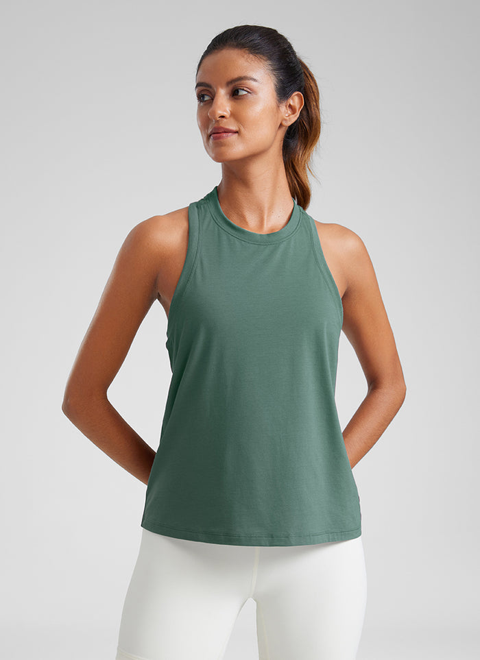 CRZYOGA Women's Pima Cotton High Neck Workout Tank Racerback Graphite Green