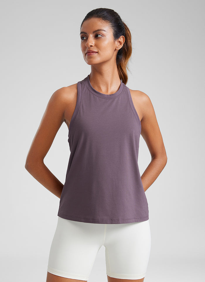CRZYOGA Women's Pima Cotton High Neck Workout Tank Racerback purple gray