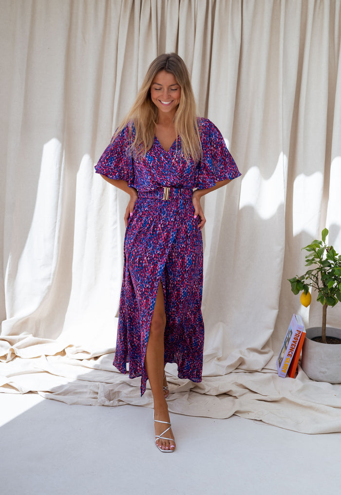 Blue and pink speckled wrap maxi dress