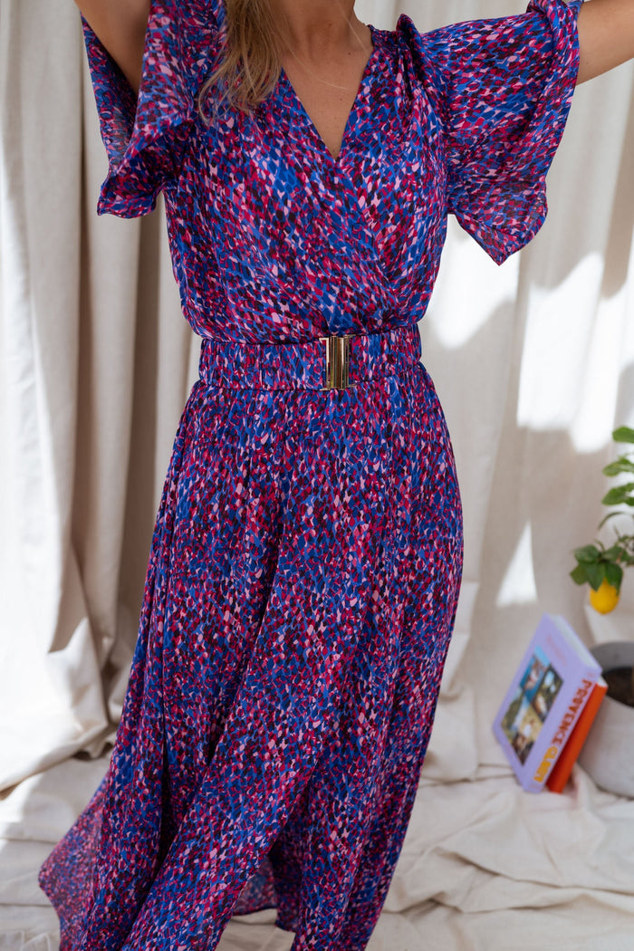 Blue and pink maxi dress flutter sleeve