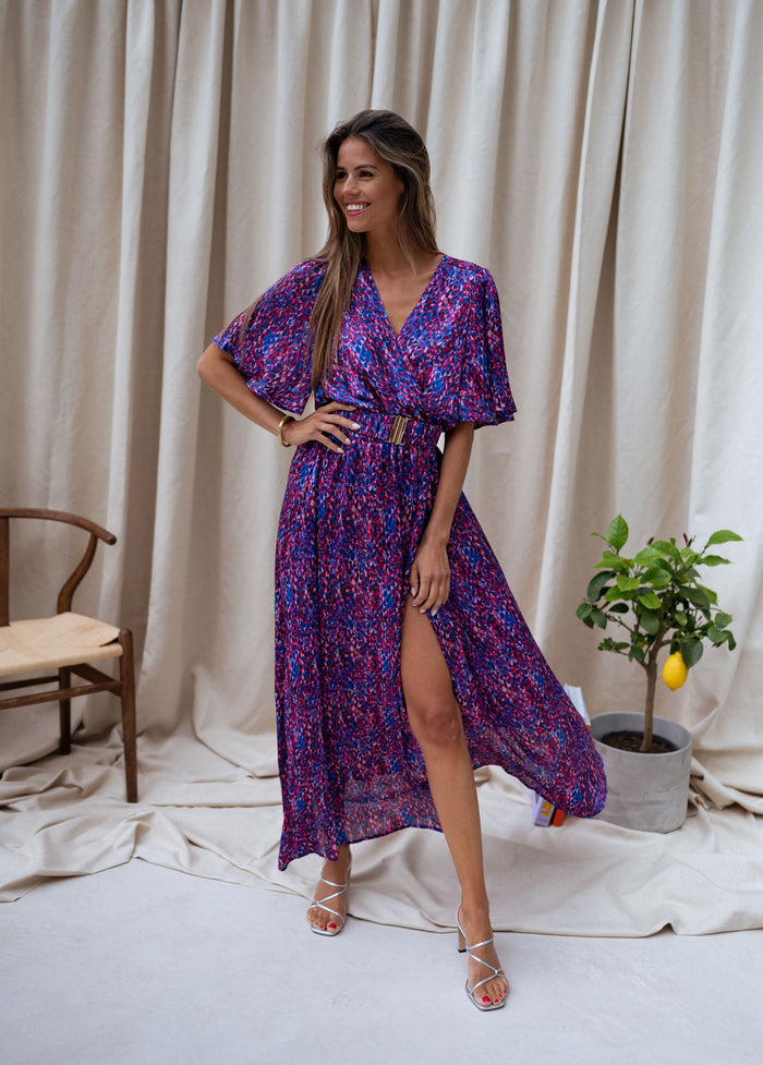 Blue pink speckled print dress full length