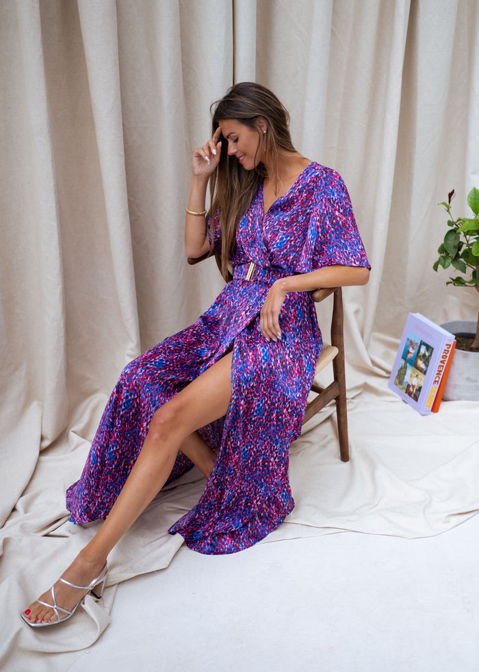 Blue and pink wrap dress belt detail