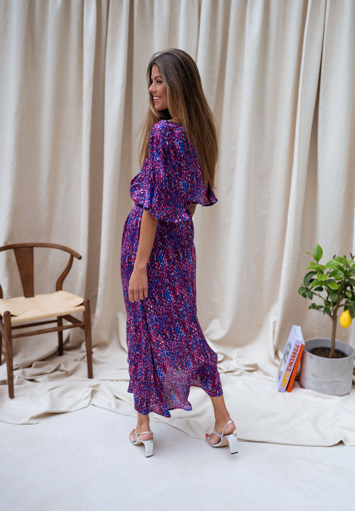 Blue pink print maxi dress styled