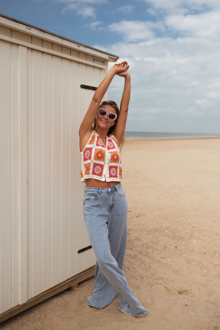 Aimee crochet top showing granny-square motifs
