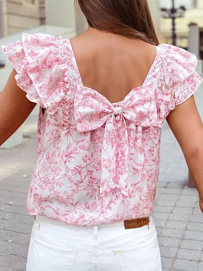 Pink Floral Ruffled Short Sleeve