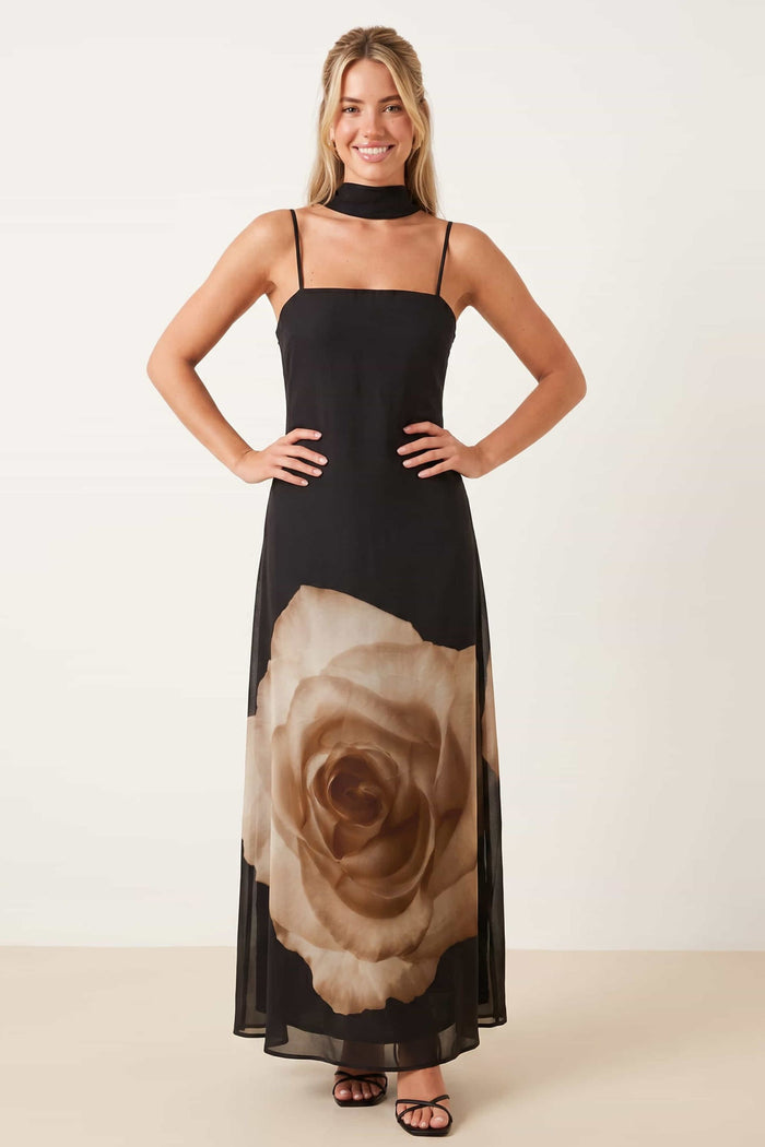 Placement Scarf Print Dress in Black