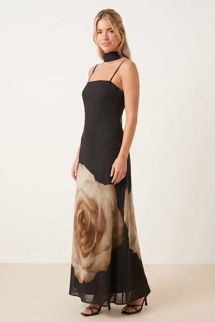 Placement Scarf Print Dress in Black
