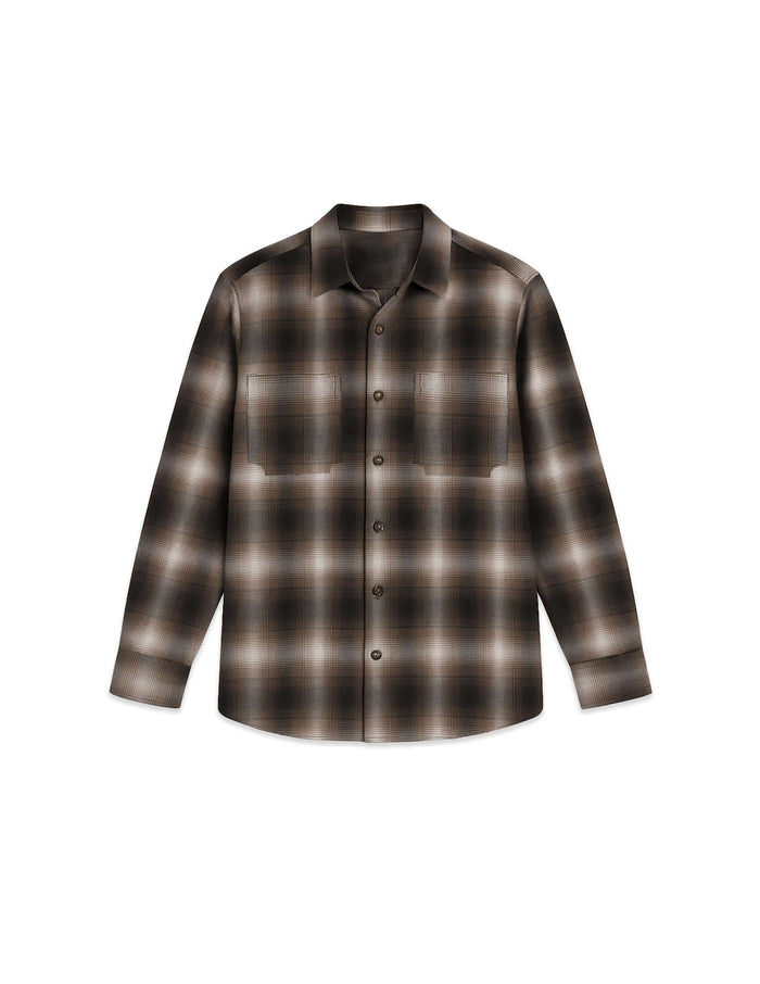 Mercer Plaid Cotton Button-Up Shirt featuring a classic plaid pattern in brown tones, showcasing a tailored fit and soft cotton fabric.