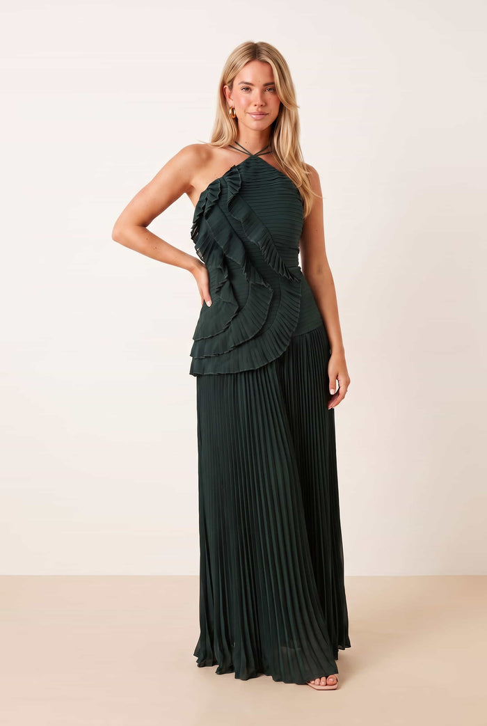 Pleated halter tie dress in Emerald green