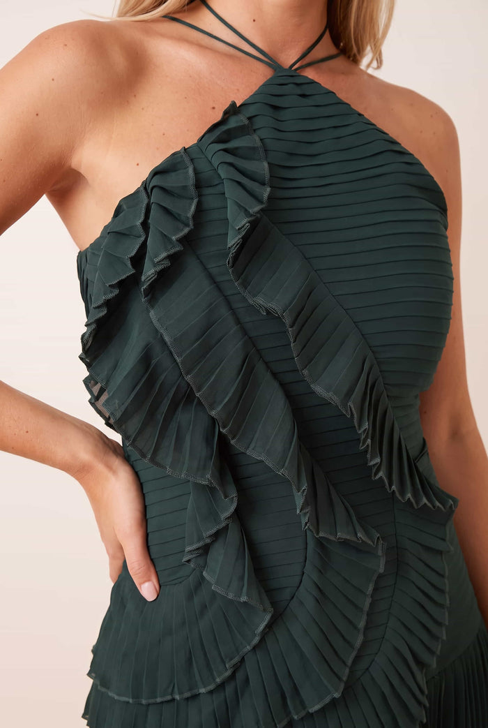 Pleated halter tie dress in Emerald green