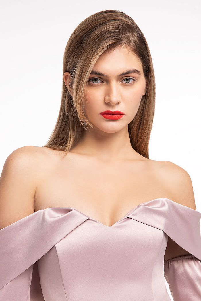 Powder Pink Mini Party Dress Maggie With Off-Shoulder Neck and Detachable Sleeves