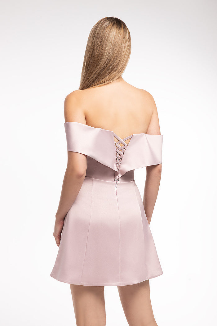 Powder Pink Mini Party Dress Maggie With Off-Shoulder Neck and Detachable Sleeves