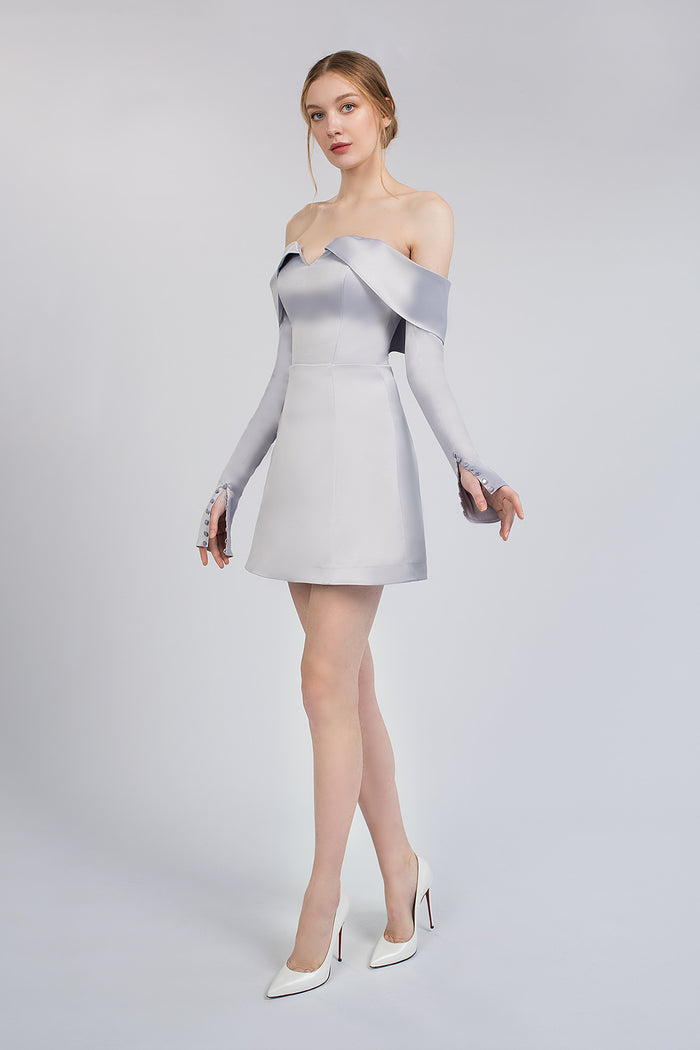 Powder Pink Mini Party Dress Maggie With Off-Shoulder Neck and Detachable Sleeves