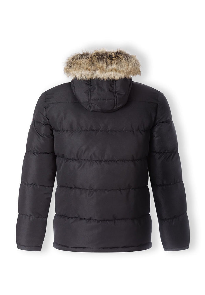 Men's padded jacket in black, back view with faux fur trim on hood.