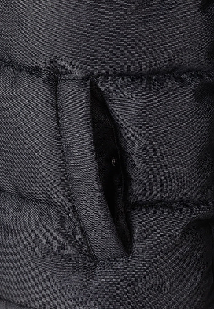 Detail of a black padded jacket showing a zip pocket and quilted texture.