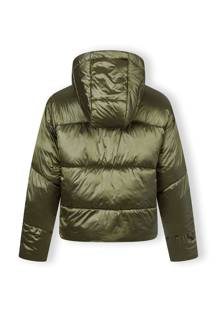 Women’s hooded padded jacket in olive, back view with curved stitching.