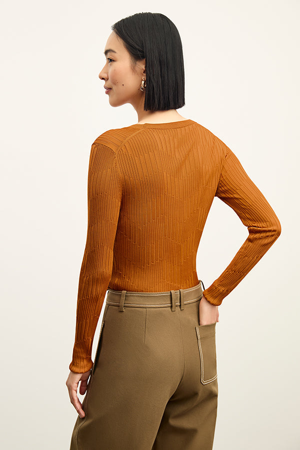 back image of a woman wearing the rae top in caramel | Exclude | Grid Hover