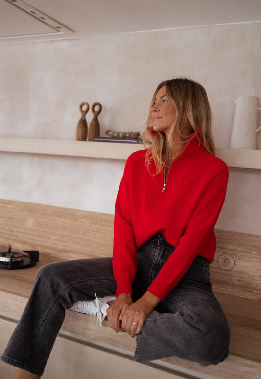 Red half-zip funnel-neck knit sweater
