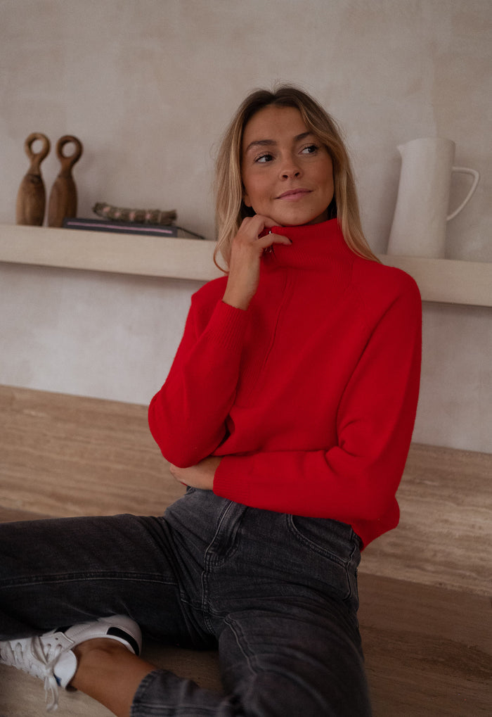 Red sweater silver half-zip detail