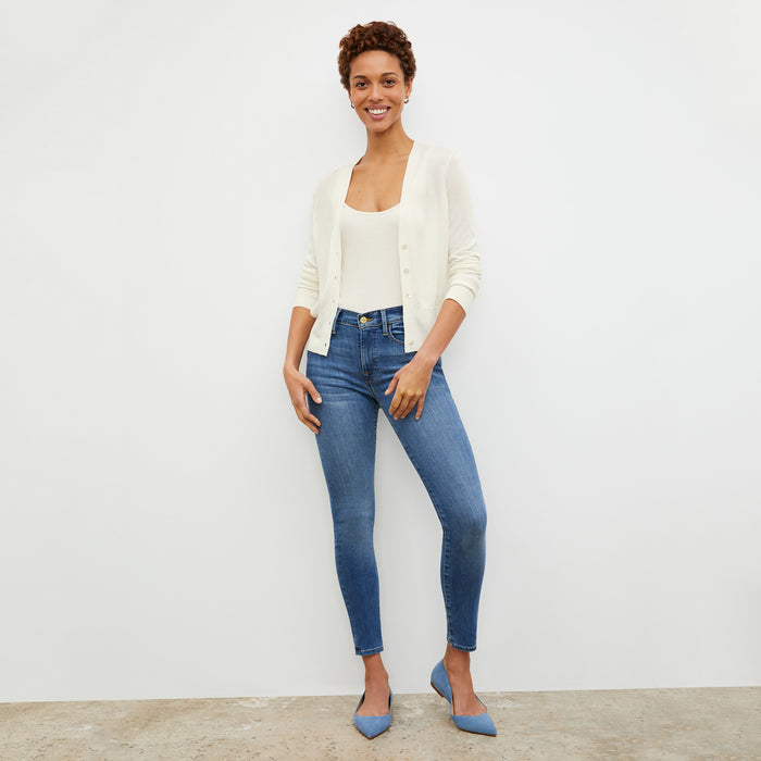 Front image of a woman wearing the Rory Cardigan - Silk Jersey in Ivory | Lead