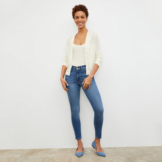 Front image of a woman wearing the Rory Cardigan - Silk Jersey in Ivory | Lead