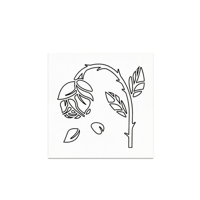 A minimalistic black line drawing of a drooping rose with a few leaves and two falling petals, set against a plain white background by Slaves.
