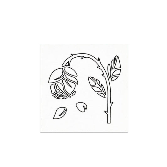 A minimalistic black line drawing of a drooping rose with a few leaves and two falling petals, set against a plain white background by Slaves.