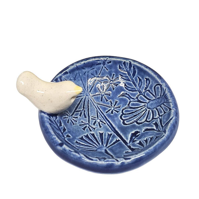 Round Ring Dish - White Bird Floral (Dark Blue Glossy) by Tasha McKelvey