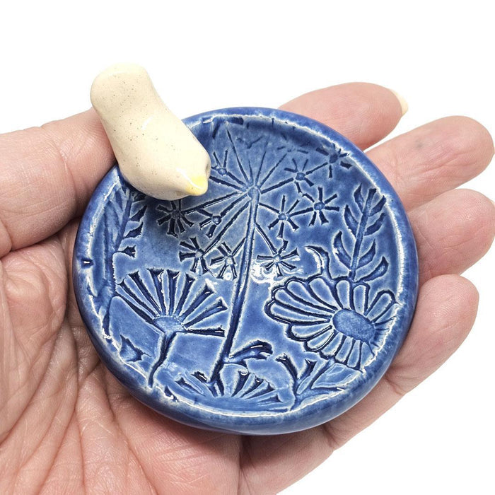 Round Ring Dish - White Bird Floral (Dark Blue Glossy) by Tasha McKelvey