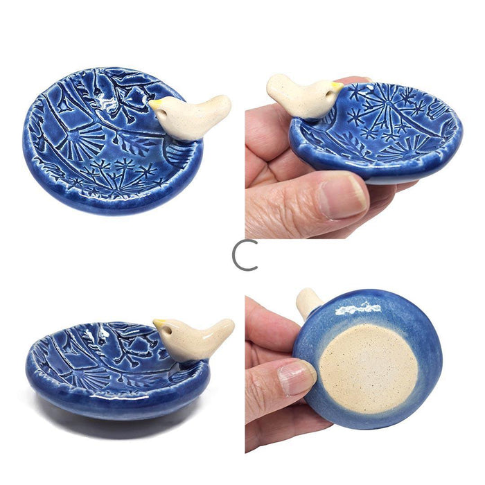 Round Ring Dish - White Bird Floral (Dark Blue Glossy) by Tasha McKelvey