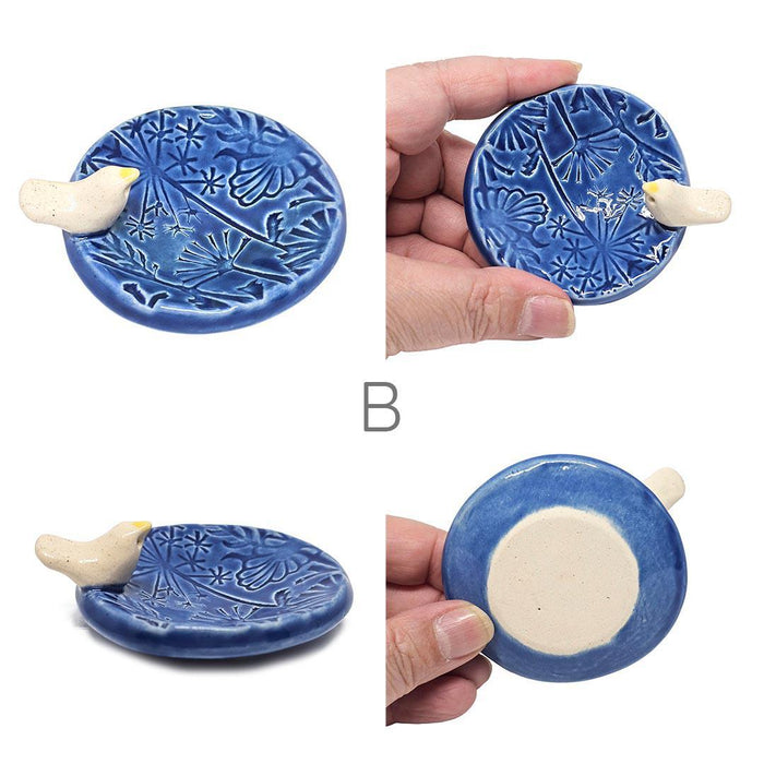 Round Ring Dish - White Bird Floral (Dark Blue Glossy) by Tasha McKelvey