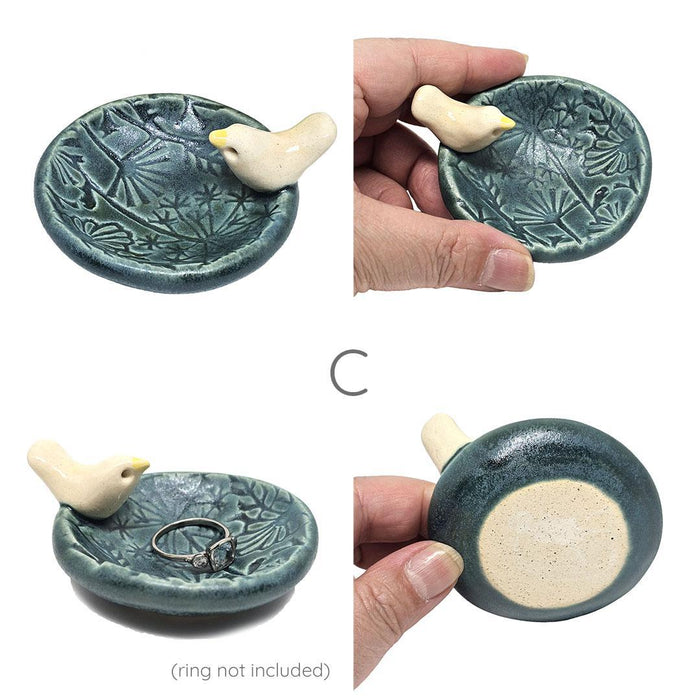 TM606C $35 - Dark Teal Matte Floral Ring Dish - White Bird - C