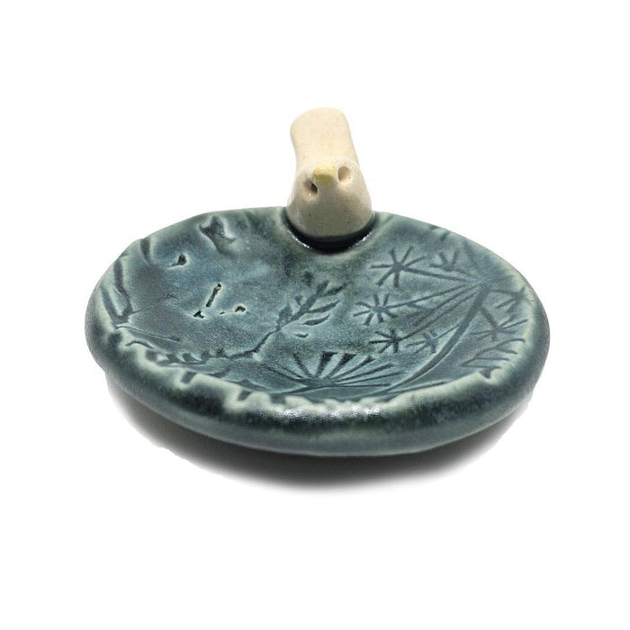 Round Ring Dish - White Bird Floral (Dark Teal Matte) by Tasha McKelvey