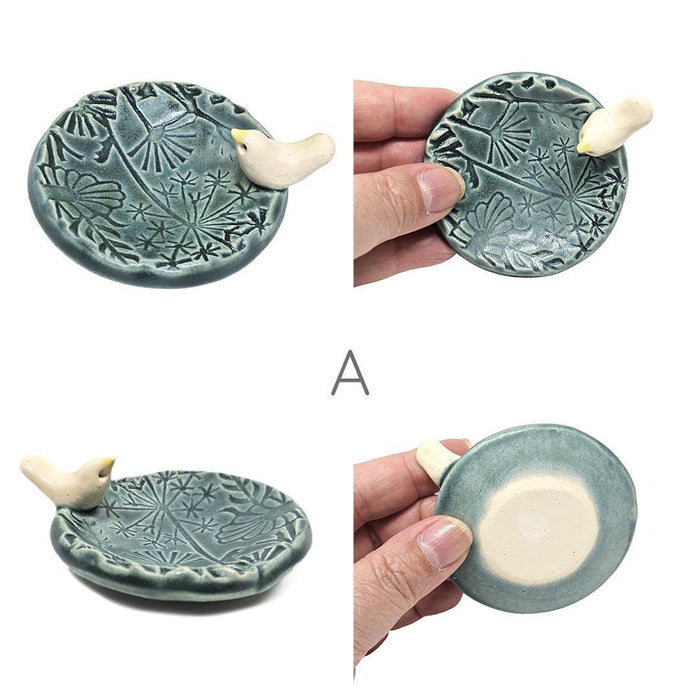 Round Ring Dish - White Bird Floral (Dark Teal Matte) by Tasha McKelvey
