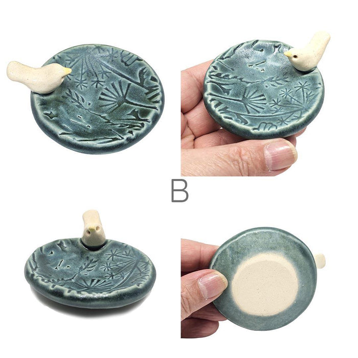 TM606B $35 - Dark Teal Matte Floral Ring Dish - White Bird - B