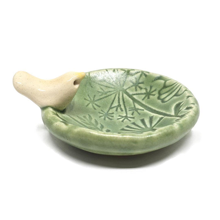 Round Ring Dish - White Bird Floral (Light Green Matte) by Tasha McKelvey