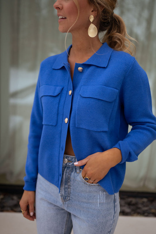 Royal blue Fika collared knit cardigan with gold buttons, front view