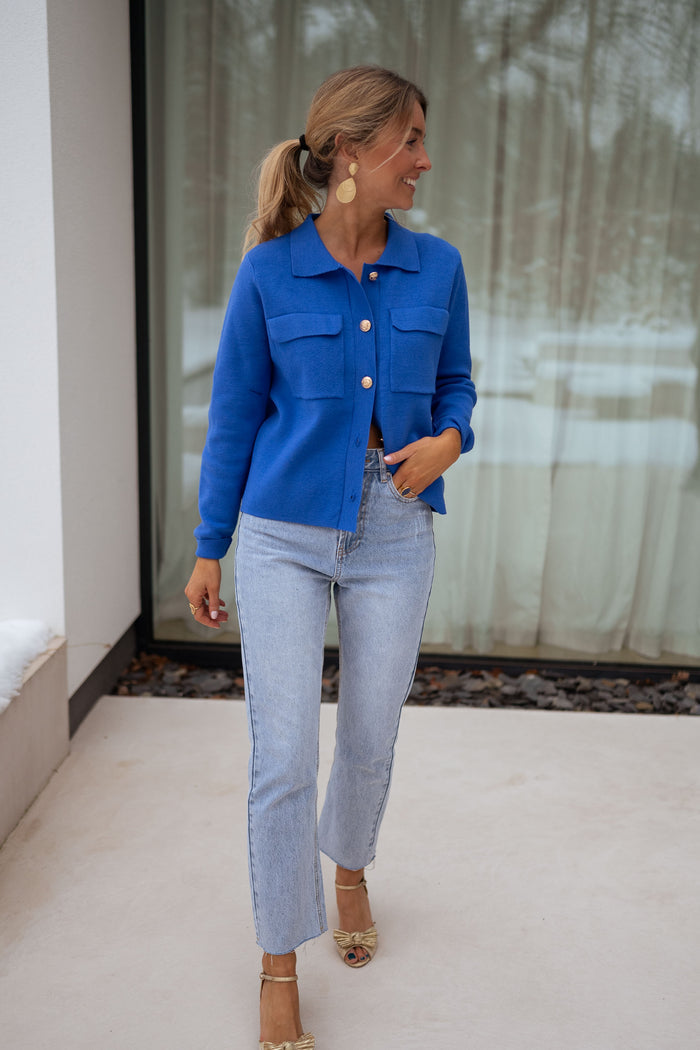Royal blue Fika cardigan showing collar and pockets