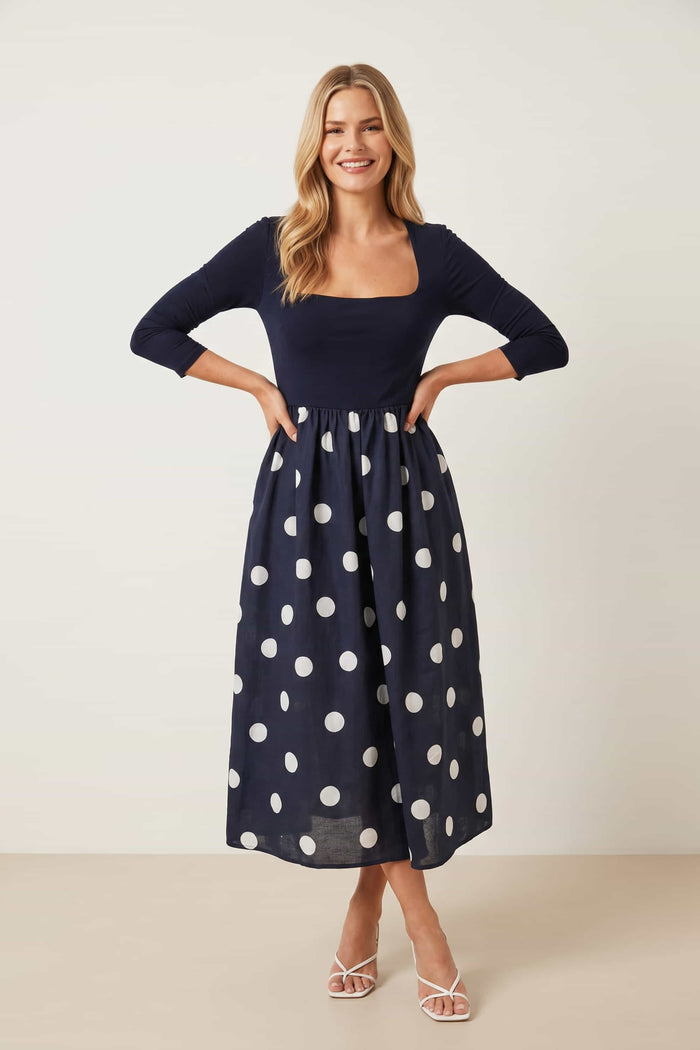 Sadie Navy and Cream Polka Dot 3/4 Sleeve Dress