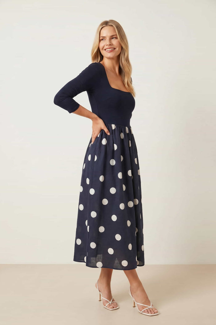 Sadie Navy and Cream Polka Dot 3/4 Sleeve Dress