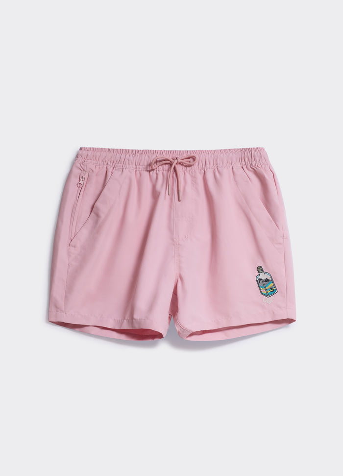 The Percival Sand Bottle Shorts in pink, featuring an elasticated drawcord waist and custom bottle embroidery.