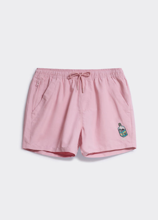 The Percival Sand Bottle Shorts in pink, featuring an elasticated drawcord waist and custom bottle embroidery.
